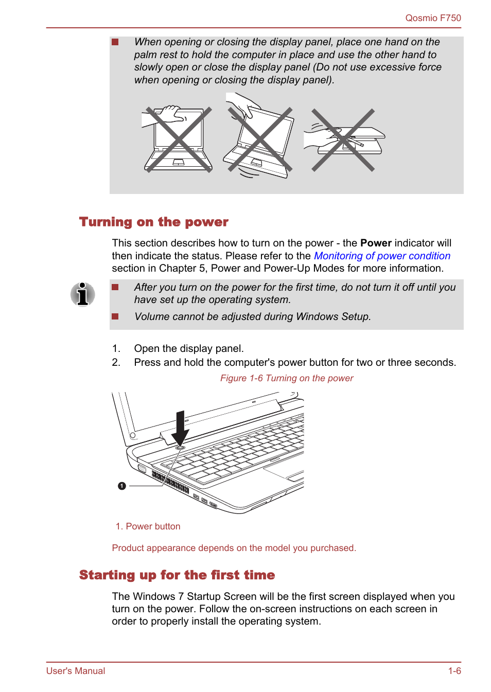 Turning on the power, Starting up for the first time | Toshiba Qosmio F750 User Manual | Page 22 / 181