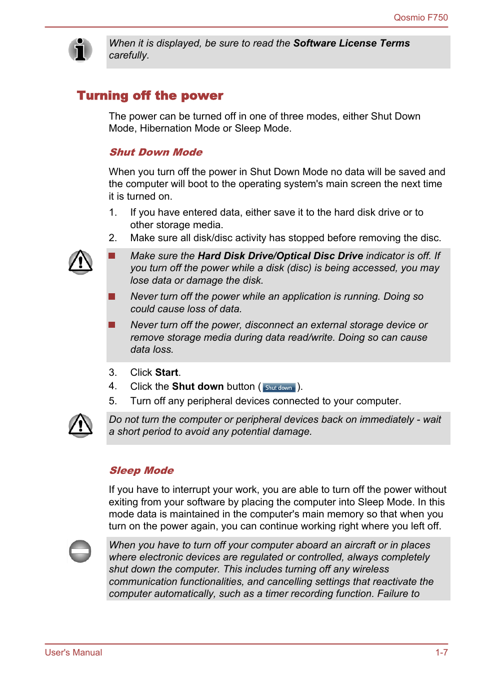 Turning off the power | Toshiba Qosmio F750 User Manual | Page 23 / 181