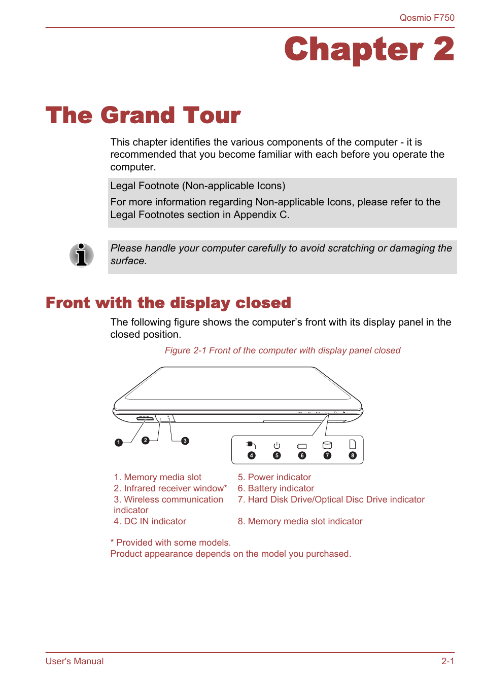 Chapter 2 the grand tour, Front with the display closed, Chapter 2 | The grand tour, Front with the display closed -1 | Toshiba Qosmio F750 User Manual | Page 28 / 181