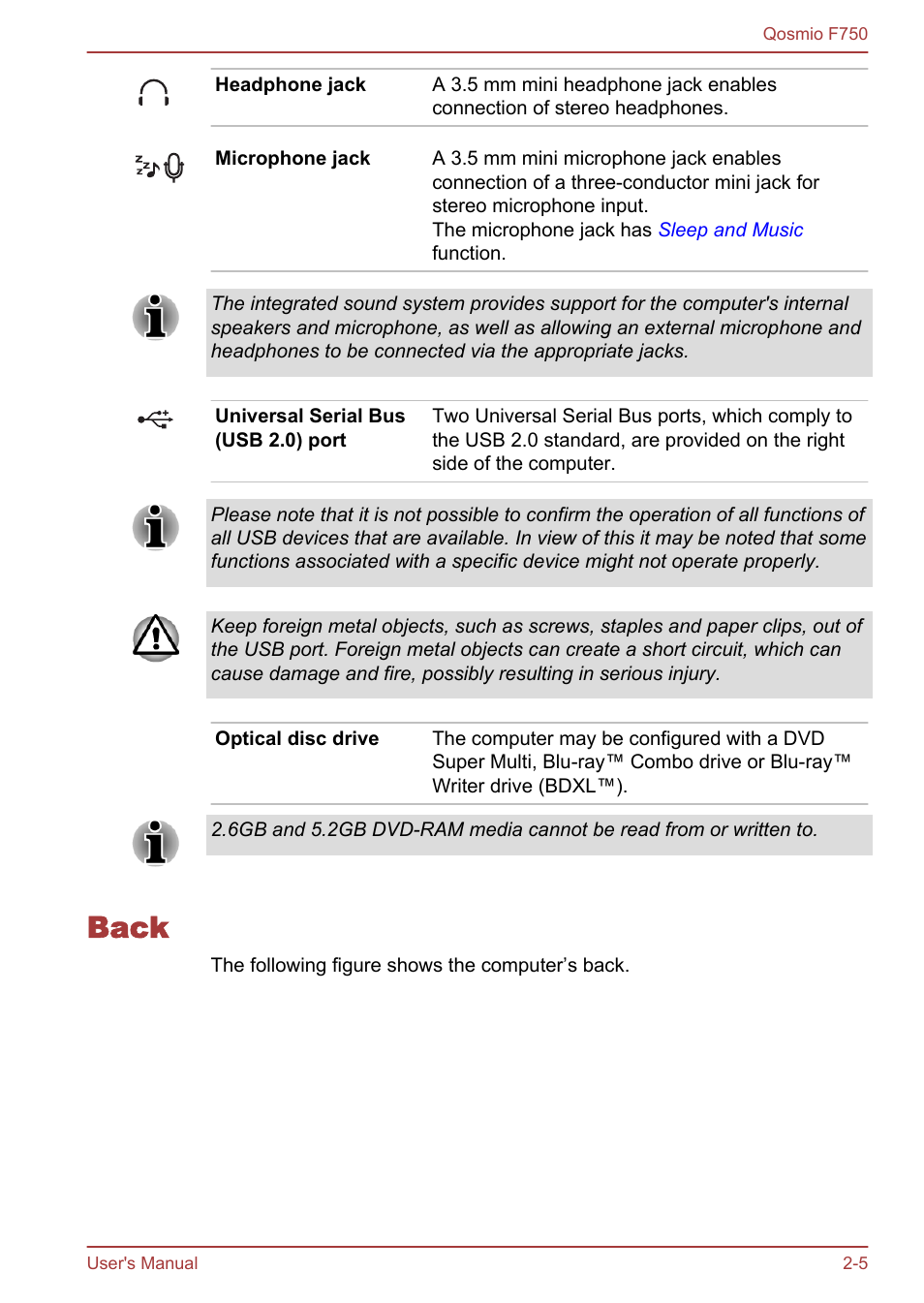 Back, Back -5 | Toshiba Qosmio F750 User Manual | Page 32 / 181