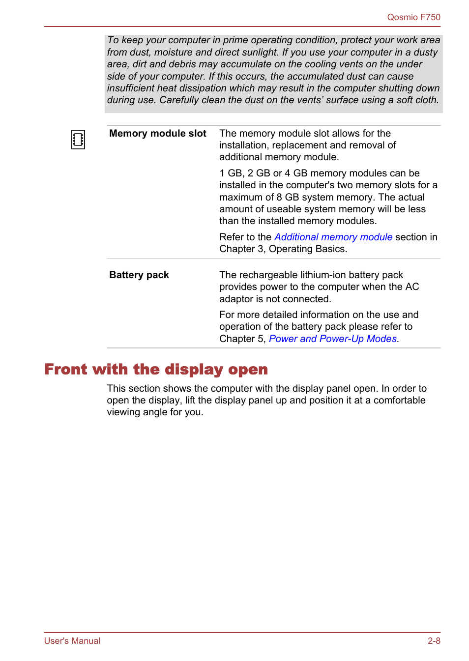 Front with the display open, Front with the display open -8 | Toshiba Qosmio F750 User Manual | Page 35 / 181