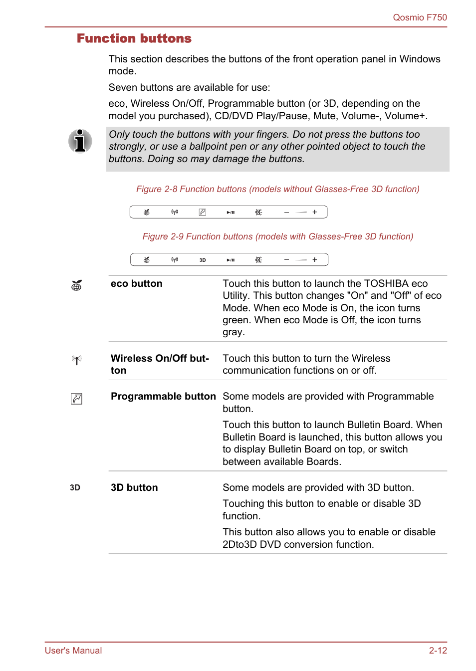 Function buttons | Toshiba Qosmio F750 User Manual | Page 39 / 181