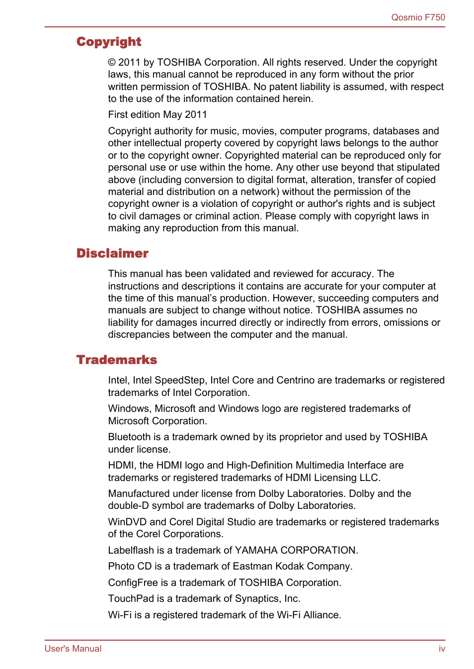 Toshiba Qosmio F750 User Manual | Page 4 / 181