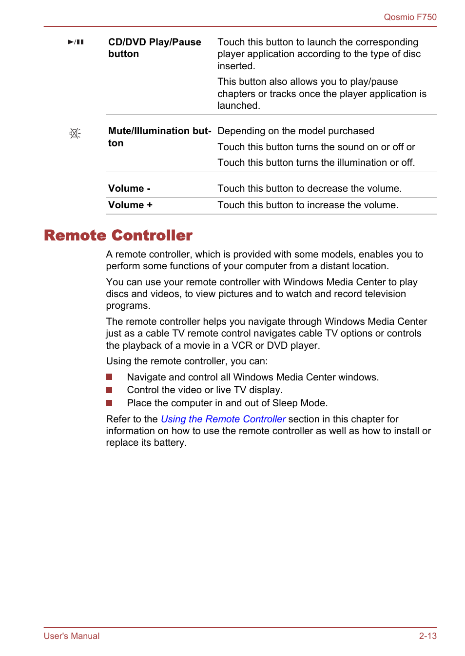 Remote controller, Remote controller -13 | Toshiba Qosmio F750 User Manual | Page 40 / 181