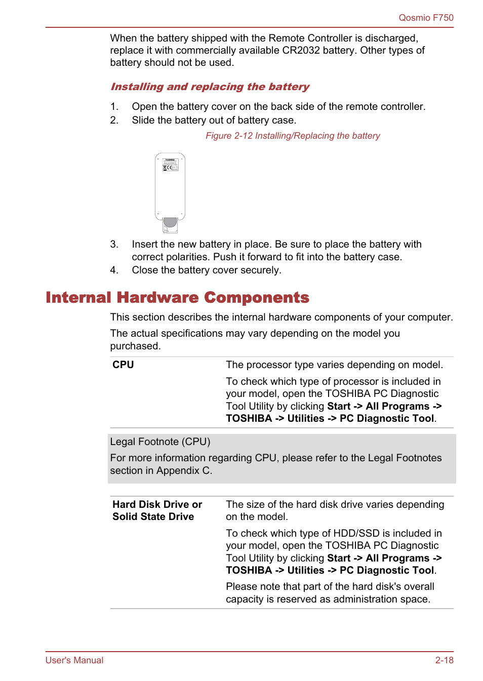 Internal hardware components, Internal hardware components -18, Installing and replacing the battery | Toshiba Qosmio F750 User Manual | Page 45 / 181