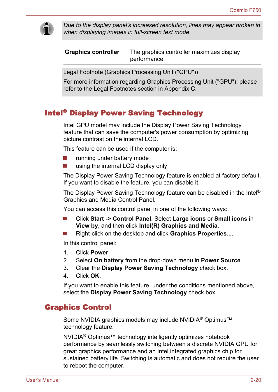 Intel® display power saving technology, Graphics control, Intel | Display power saving technology | Toshiba Qosmio F750 User Manual | Page 47 / 181