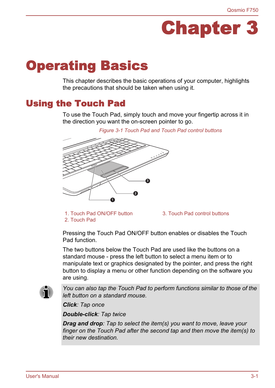 Chapter 3 operating basics, Using the touch pad, Chapter 3 | Operating basics, Using the touch pad -1, For more information, please refer to the, Using, The touch pad | Toshiba Qosmio F750 User Manual | Page 49 / 181