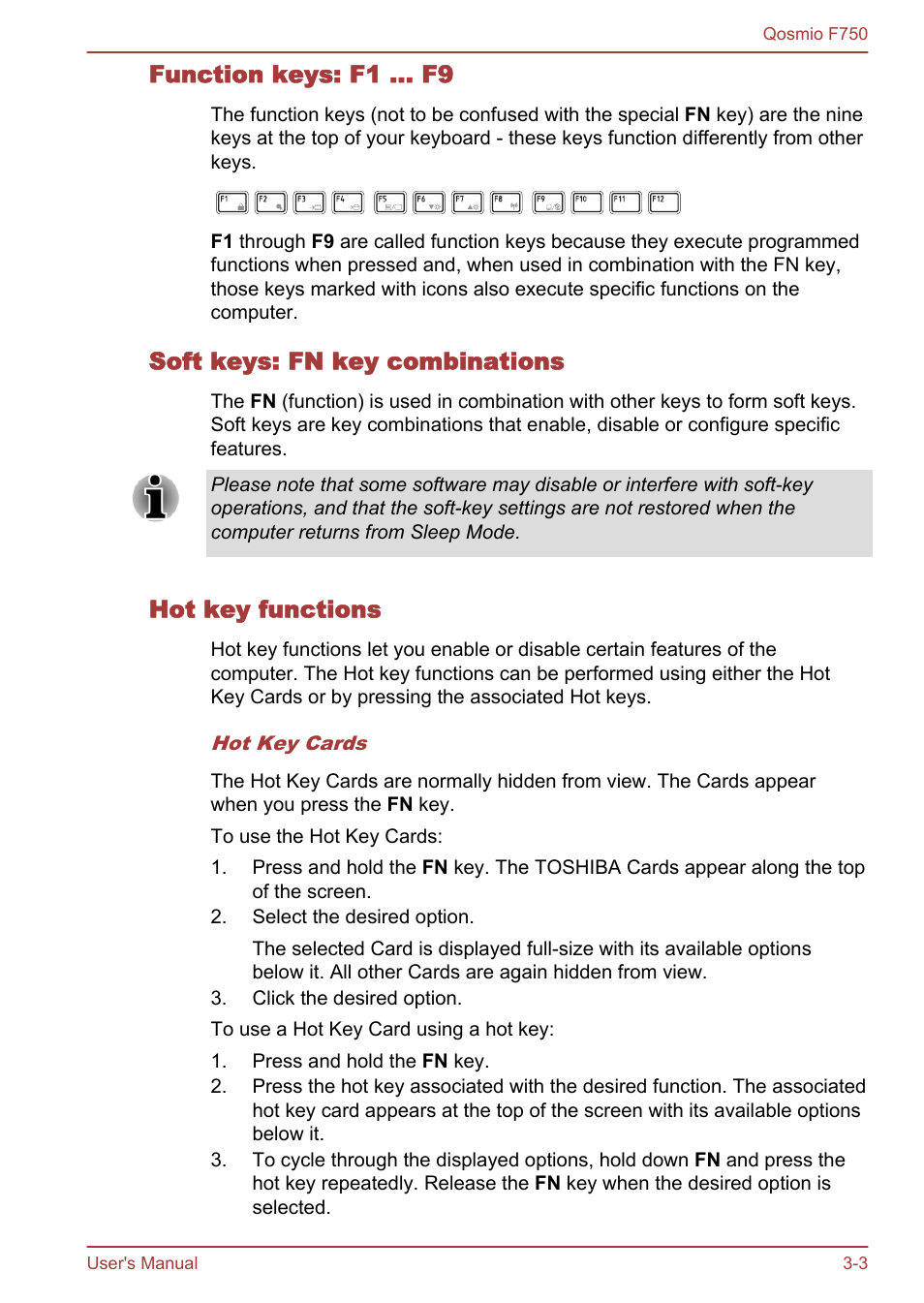 Function keys: f1 … f9, Soft keys: fn key combinations, Hot key functions | Toshiba Qosmio F750 User Manual | Page 51 / 181