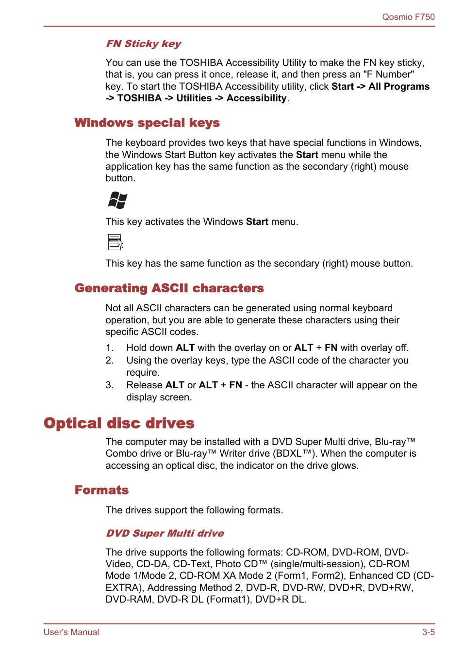 Windows special keys, Generating ascii characters, Optical disc drives | Formats, Optical disc drives -5 | Toshiba Qosmio F750 User Manual | Page 53 / 181