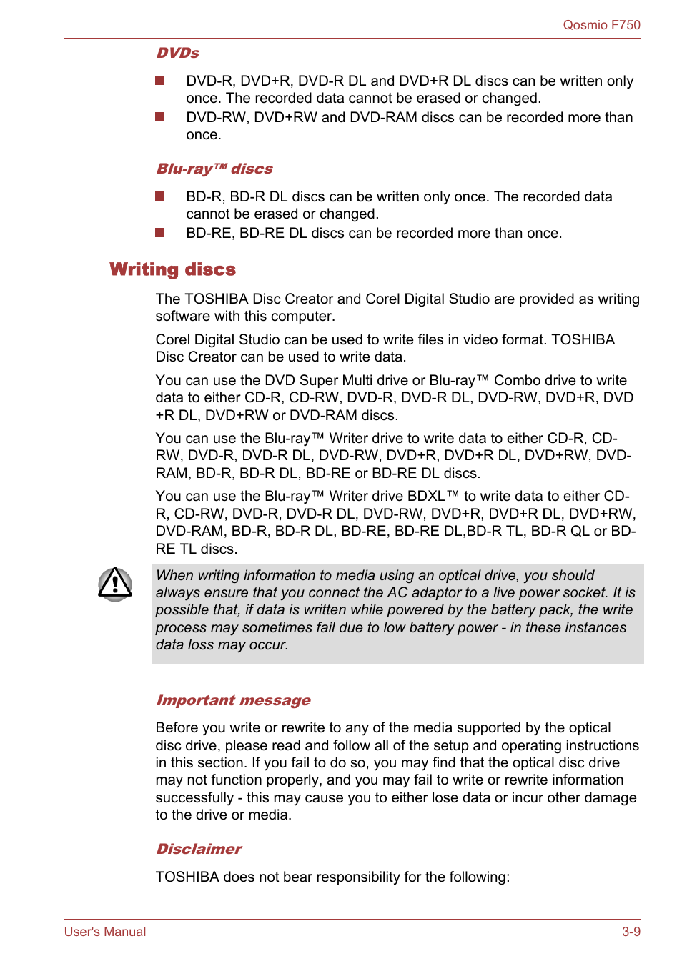 Writing discs | Toshiba Qosmio F750 User Manual | Page 57 / 181