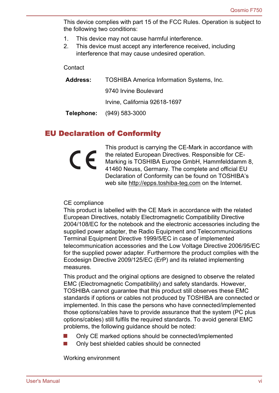 Eu declaration of conformity | Toshiba Qosmio F750 User Manual | Page 6 / 181