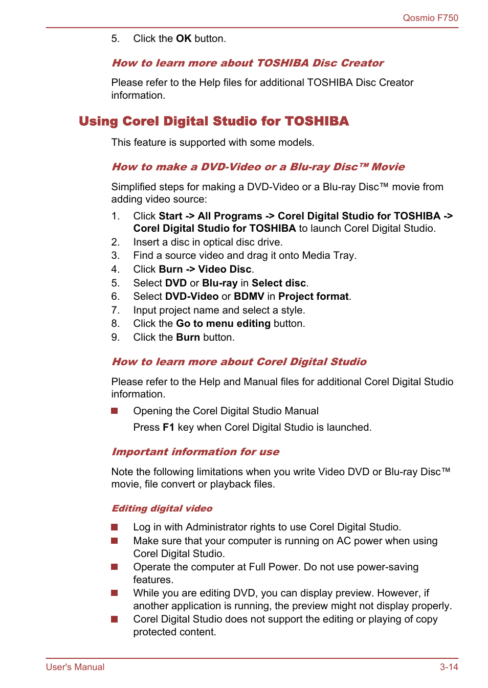 Using corel digital studio for toshiba | Toshiba Qosmio F750 User Manual | Page 62 / 181