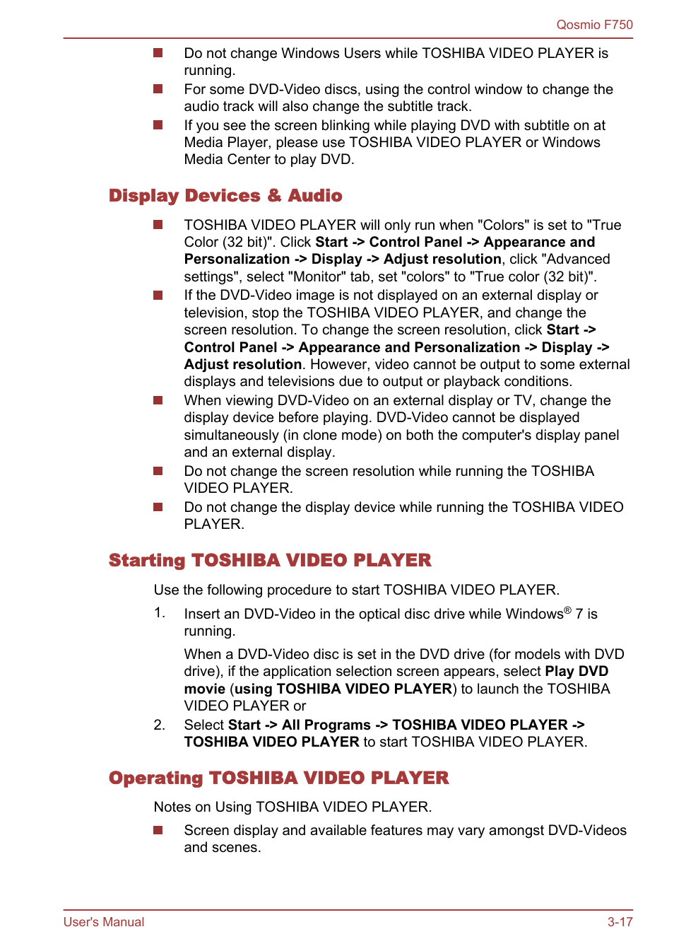 Display devices & audio, Starting toshiba video player, Operating toshiba video player | Toshiba Qosmio F750 User Manual | Page 65 / 181