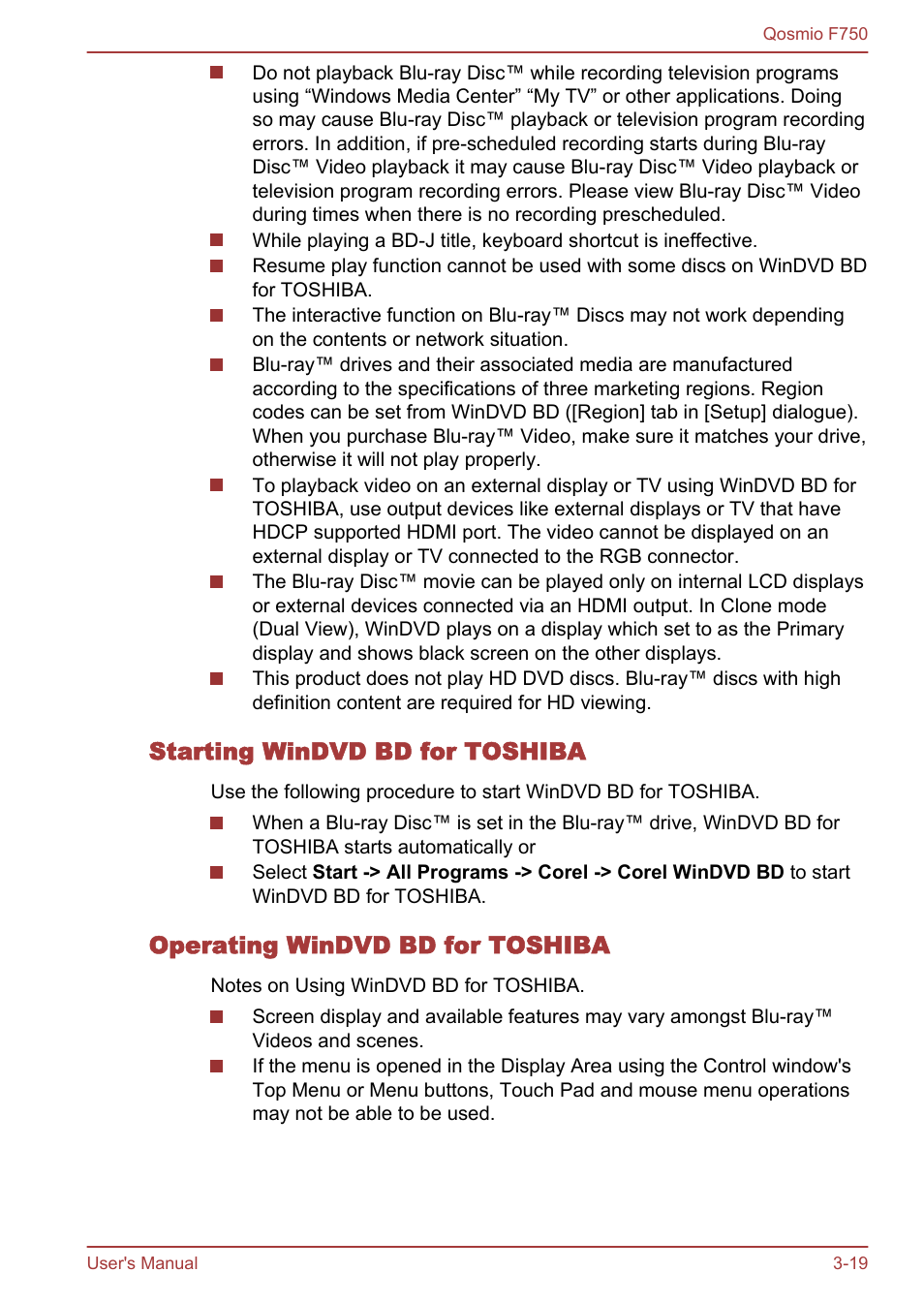 Starting windvd bd for toshiba, Operating windvd bd for toshiba | Toshiba Qosmio F750 User Manual | Page 67 / 181