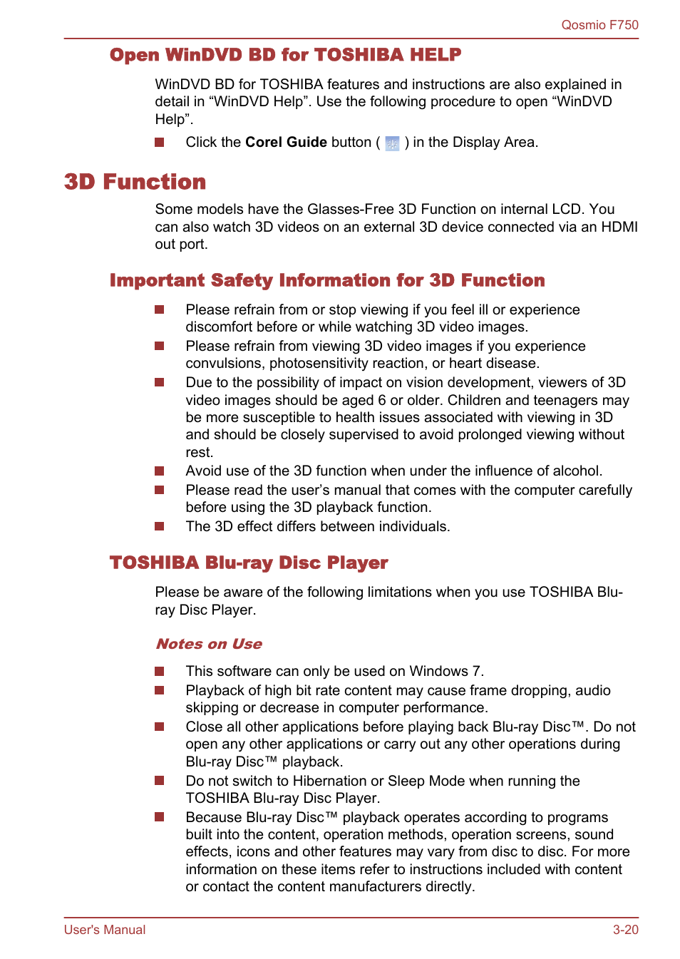 Open windvd bd for toshiba help, 3d function, Important safety information for 3d function | Toshiba blu-ray disc player, 3d function -20 | Toshiba Qosmio F750 User Manual | Page 68 / 181