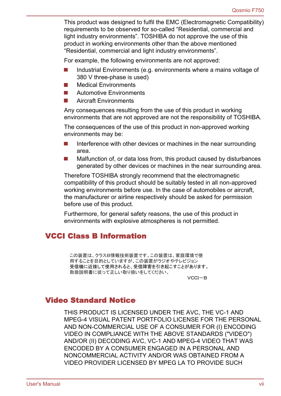 Vcci class b information, Video standard notice | Toshiba Qosmio F750 User Manual | Page 7 / 181