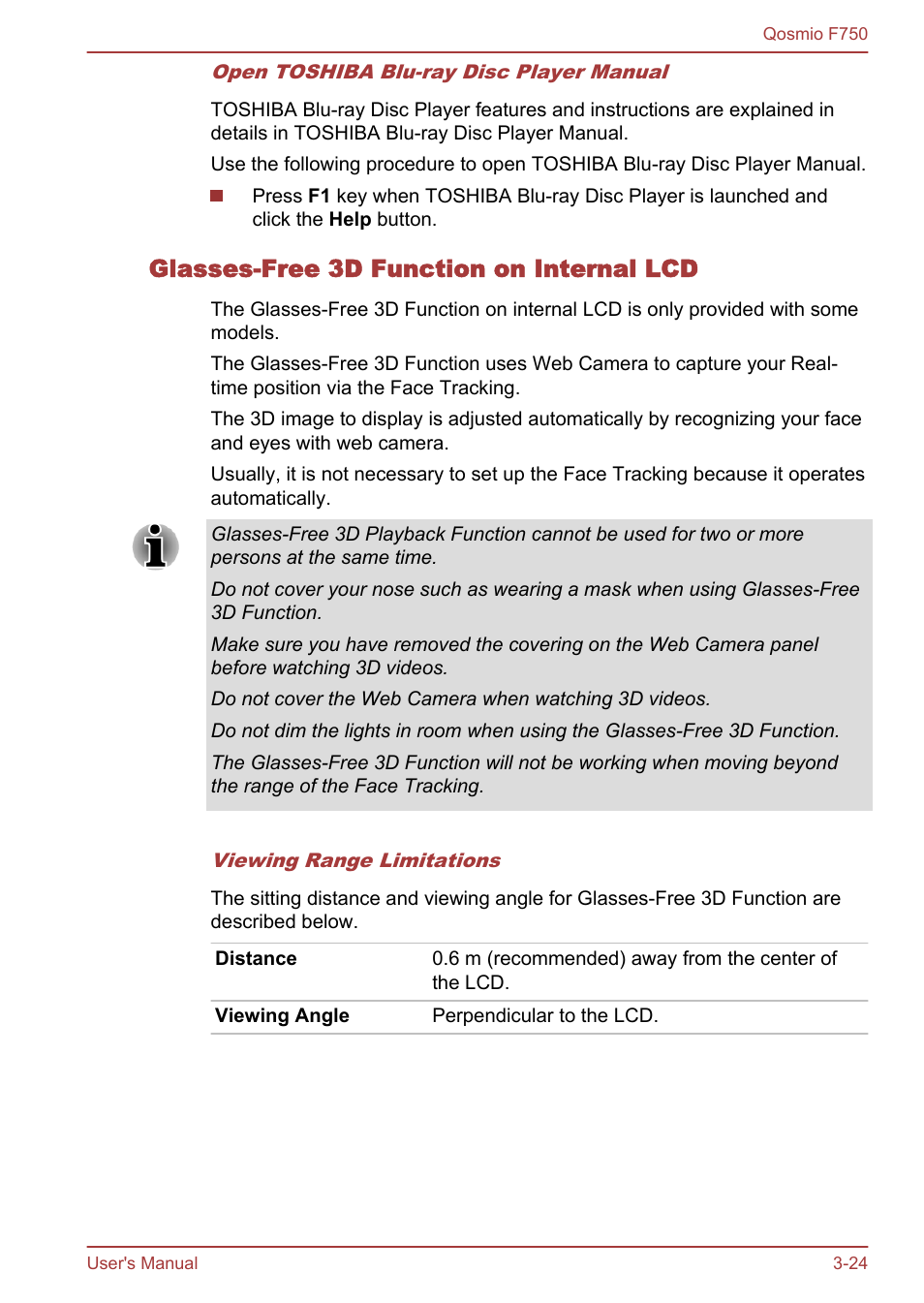 Glasses-free 3d function on internal lcd | Toshiba Qosmio F750 User Manual | Page 72 / 181