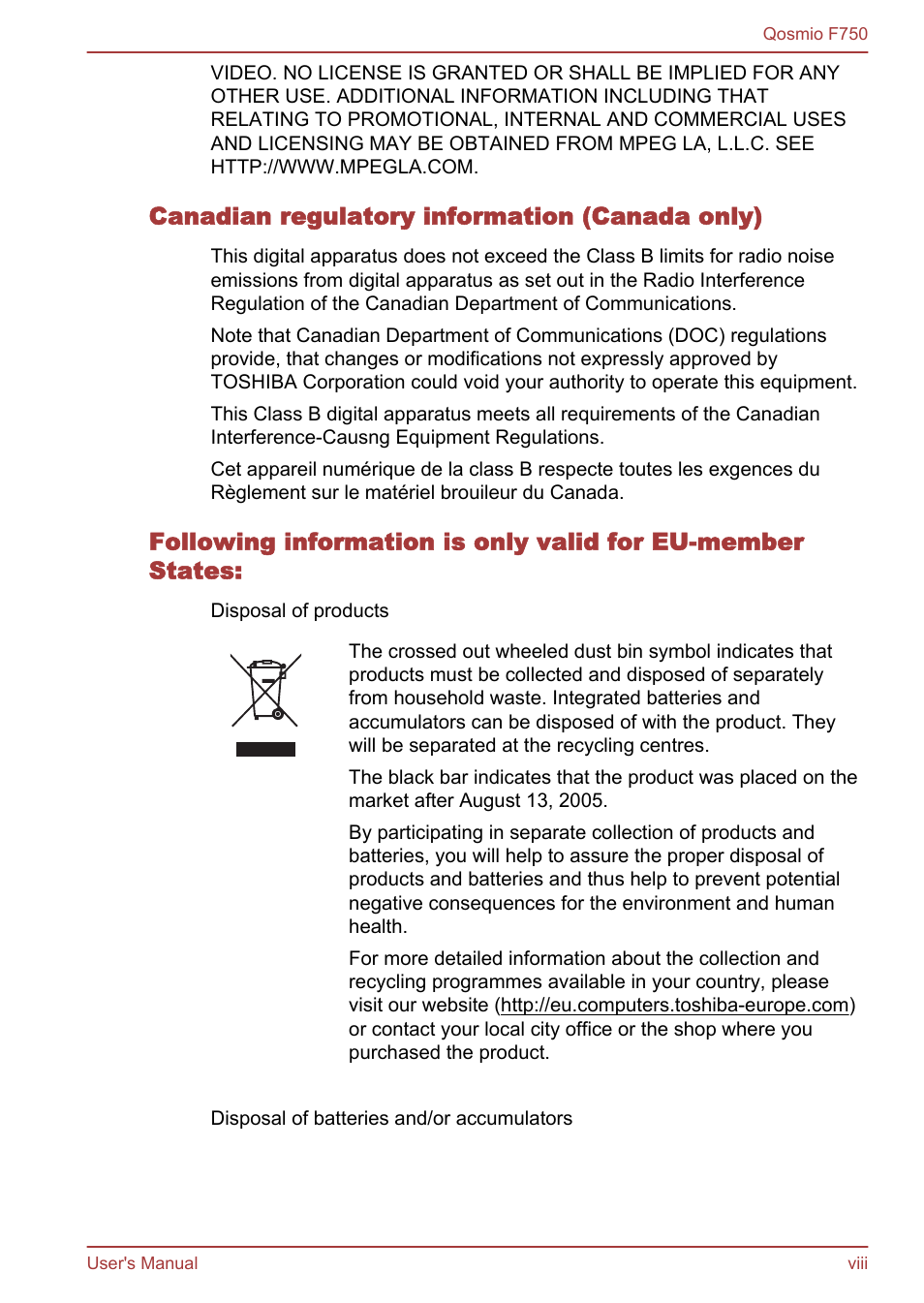 Canadian regulatory information (canada only) | Toshiba Qosmio F750 User Manual | Page 8 / 181