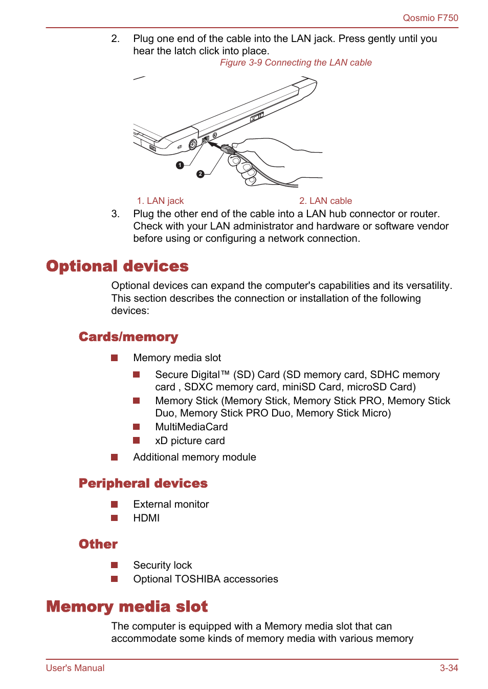 Optional devices, Cards/memory, Peripheral devices | Other, Memory media slot, Optional devices -34 memory media slot -34 | Toshiba Qosmio F750 User Manual | Page 82 / 181