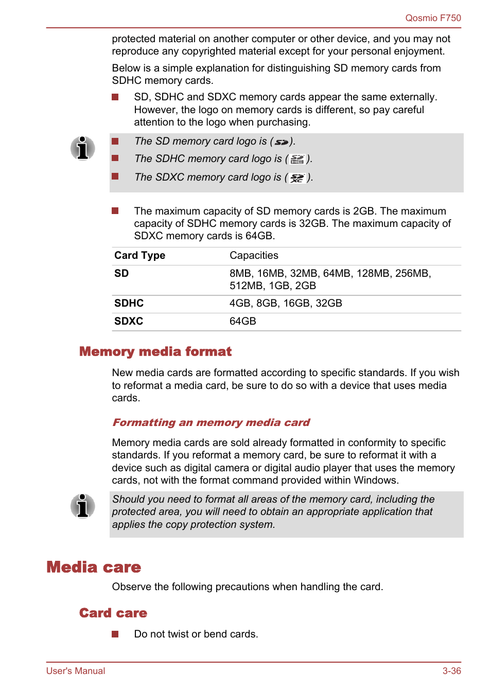 Memory media format, Media care, Card care | Media care -36 | Toshiba Qosmio F750 User Manual | Page 84 / 181