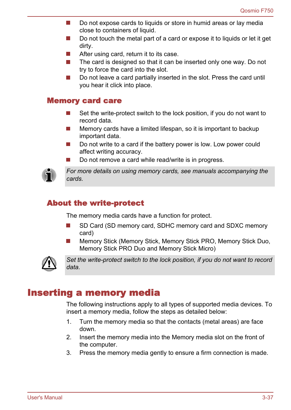 Memory card care, About the write-protect, Inserting a memory media | Inserting a memory media -37 | Toshiba Qosmio F750 User Manual | Page 85 / 181