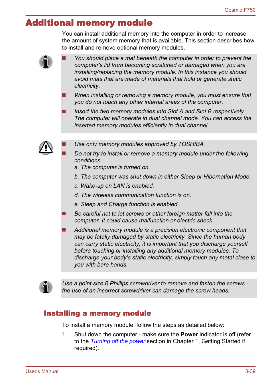 Additional memory module, Installing a memory module, Additional memory module -39 | Section in | Toshiba Qosmio F750 User Manual | Page 87 / 181