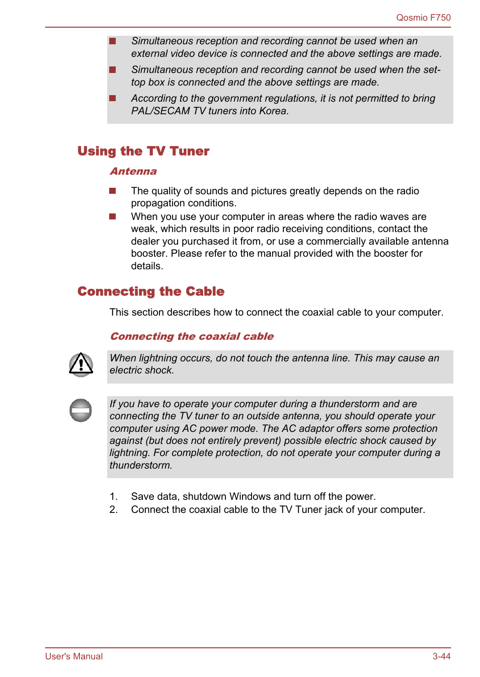 Using the tv tuner, Connecting the cable | Toshiba Qosmio F750 User Manual | Page 92 / 181