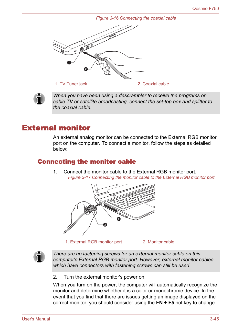 External monitor, Connecting the monitor cable, External monitor -45 | Toshiba Qosmio F750 User Manual | Page 93 / 181