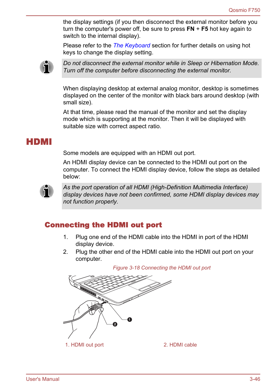 Hdmi, Connecting the hdmi out port, Hdmi -46 | Toshiba Qosmio F750 User Manual | Page 94 / 181