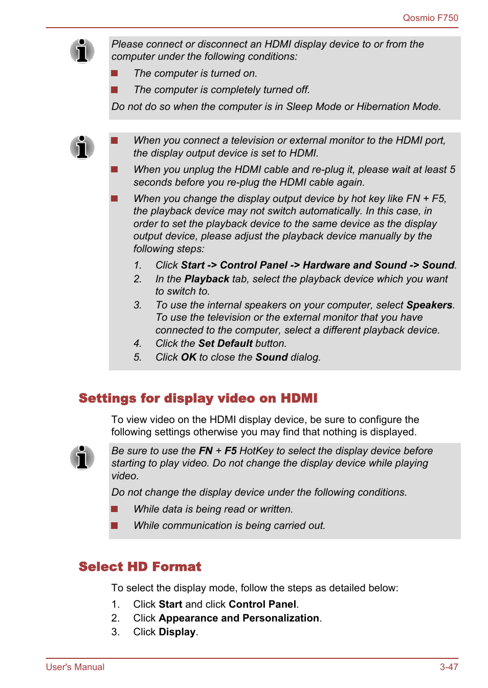 Settings for display video on hdmi, Select hd format | Toshiba Qosmio F750 User Manual | Page 95 / 181