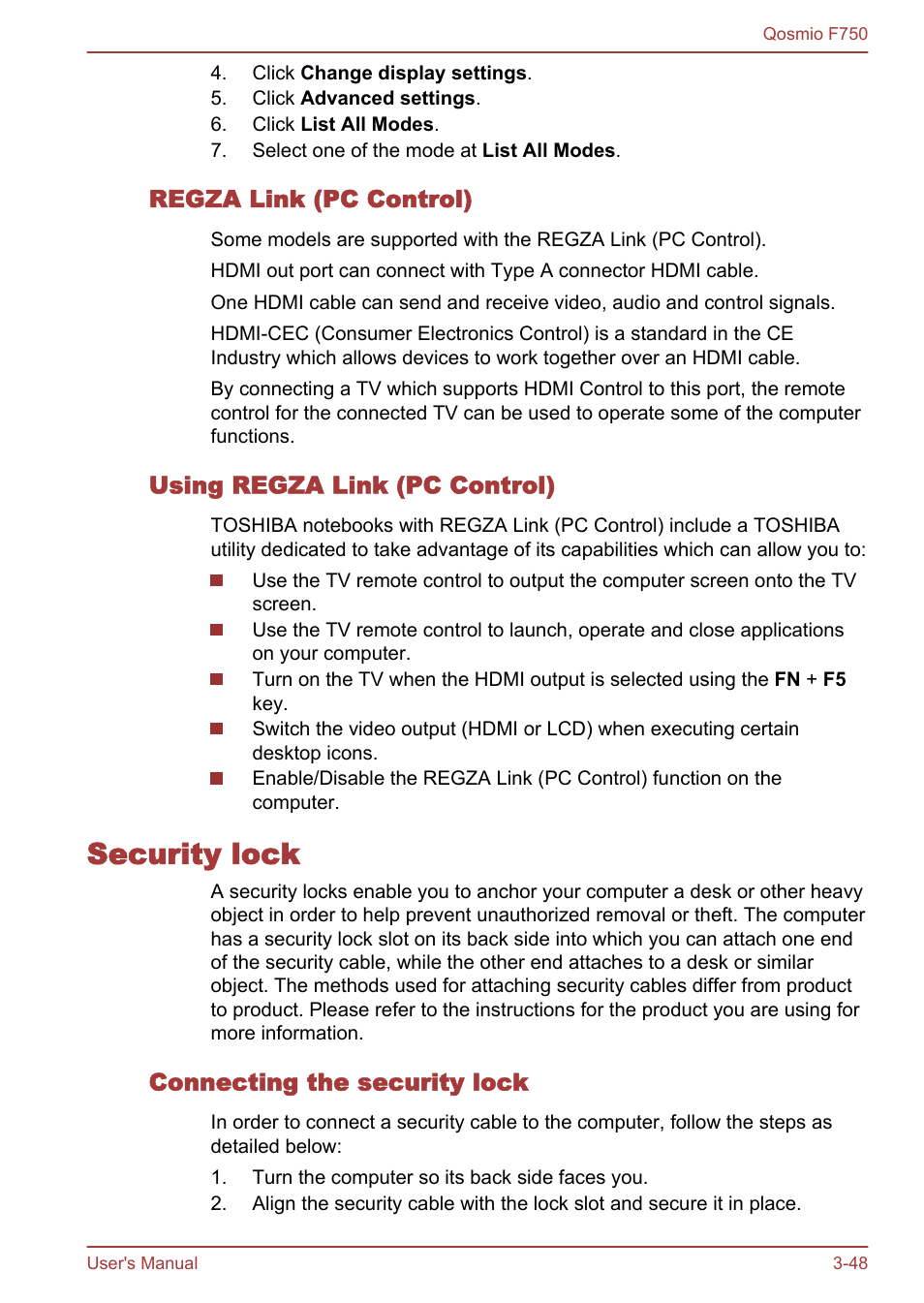 Regza link (pc control), Using regza link (pc control), Security lock | Connecting the security lock, Security lock -48 | Toshiba Qosmio F750 User Manual | Page 96 / 181