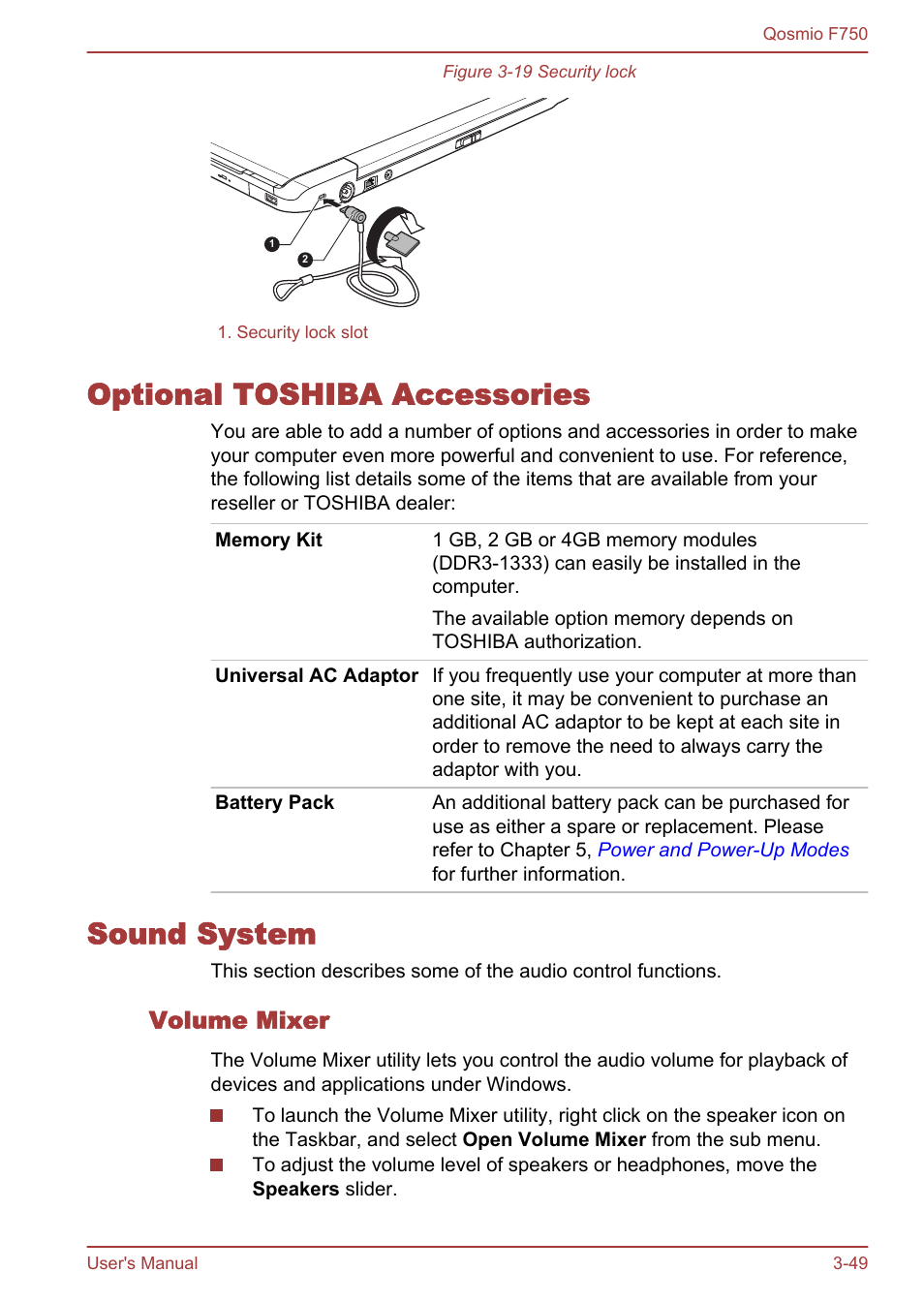 Optional toshiba accessories, Sound system, Volume mixer | Optional toshiba accessories -49, Sound system -49, To the, Section in chapter 3 | Toshiba Qosmio F750 User Manual | Page 97 / 181