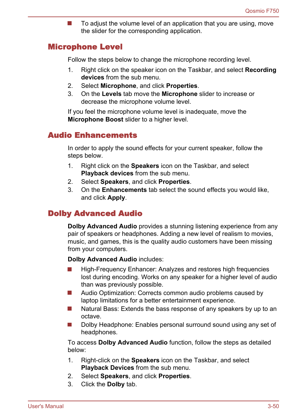 Microphone level, Audio enhancements, Dolby advanced audio | Toshiba Qosmio F750 User Manual | Page 98 / 181
