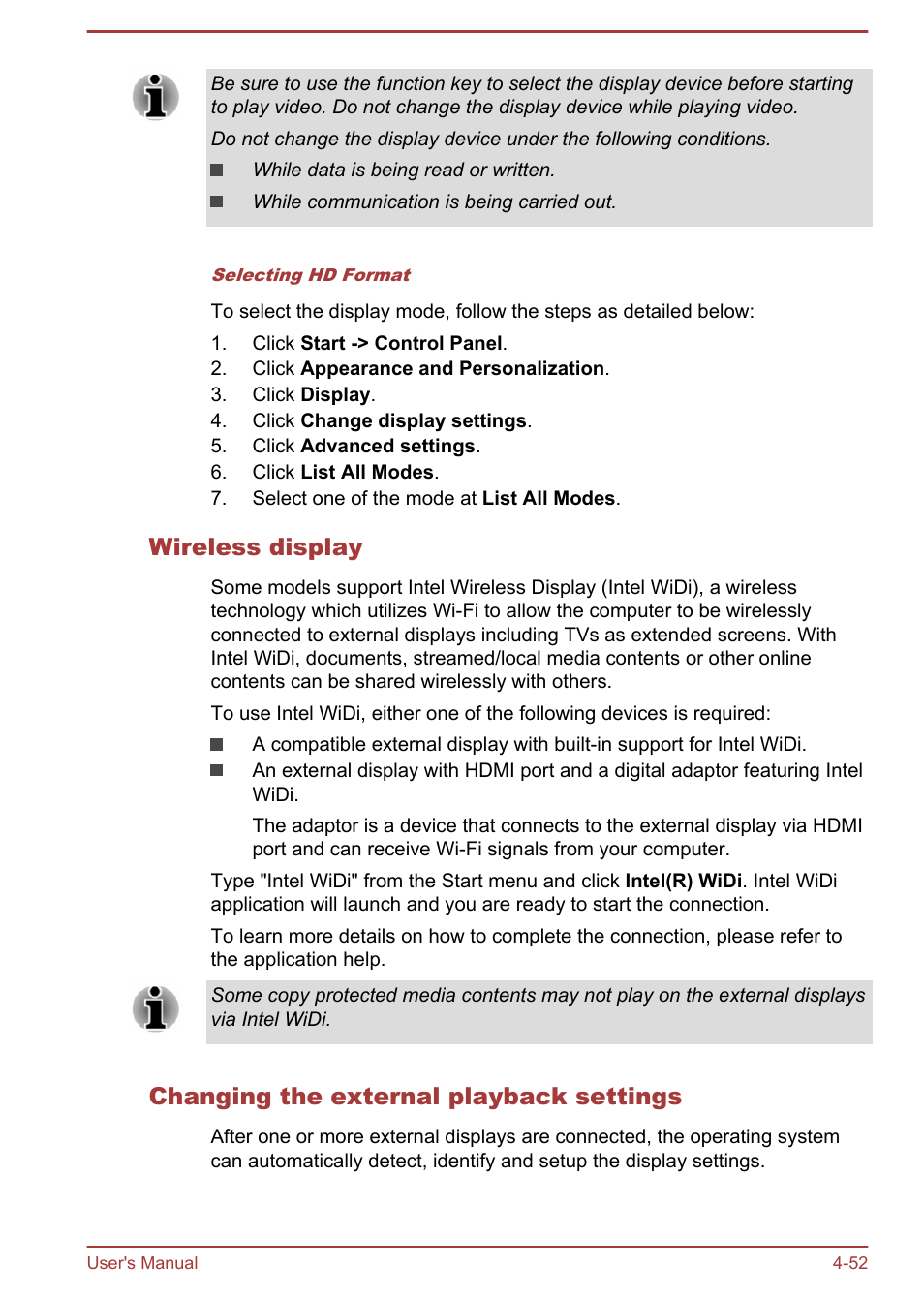 Wireless display, Changing the external playback settings | Toshiba Tecra A50-A User Manual | Page 102 / 167