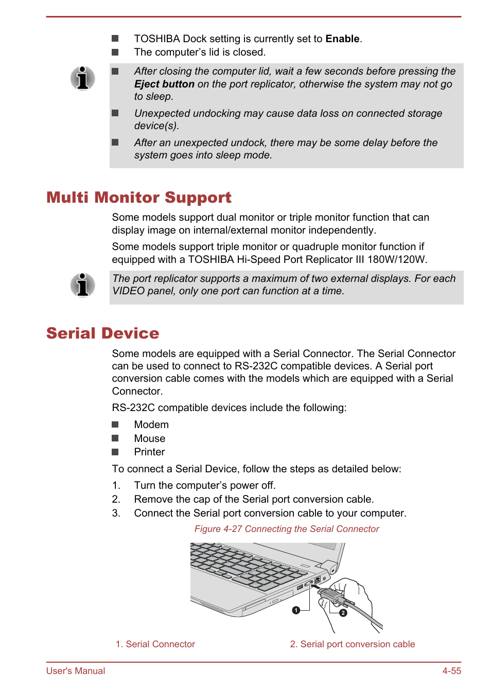 Multi monitor support, Serial device, Multi monitor support -55 serial device -55 | Toshiba Tecra A50-A User Manual | Page 105 / 167