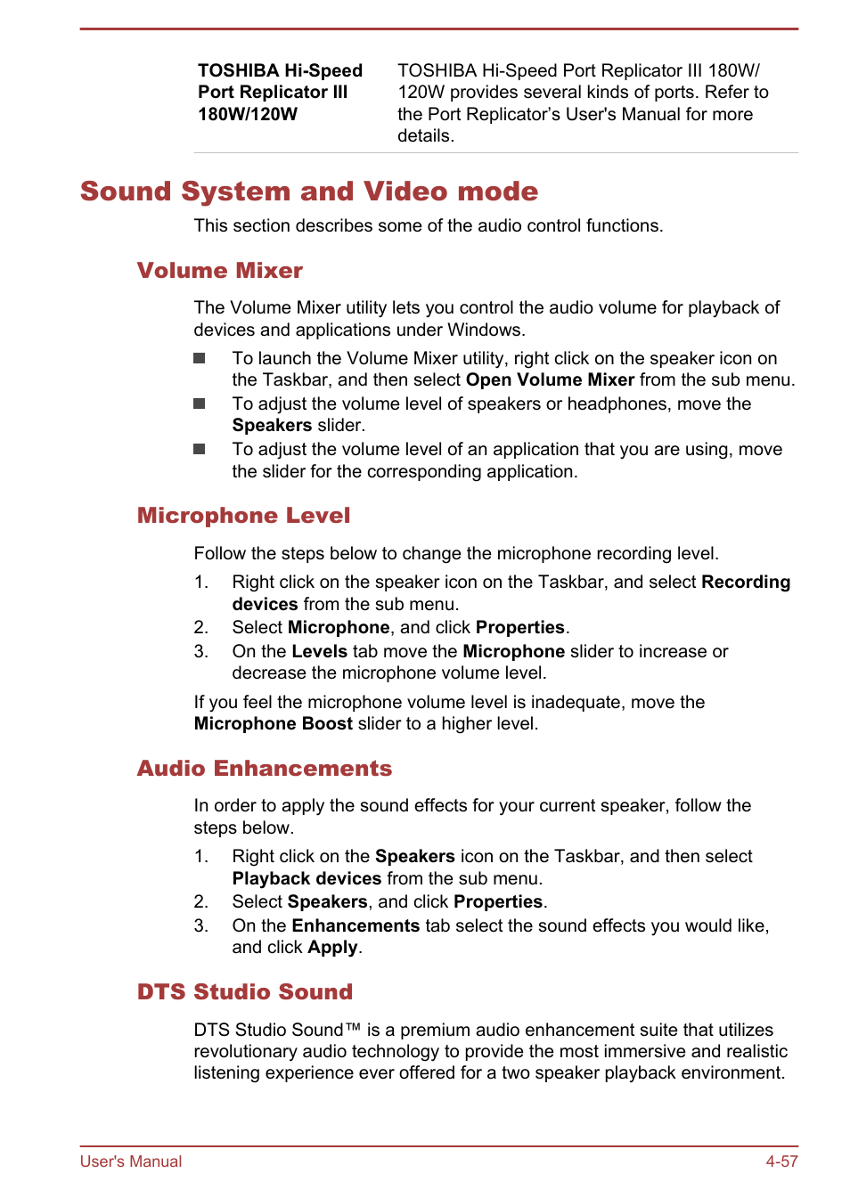 Sound system and video mode, Volume mixer, Microphone level | Audio enhancements, Dts studio sound, Sound system and video mode -57 | Toshiba Tecra A50-A User Manual | Page 107 / 167