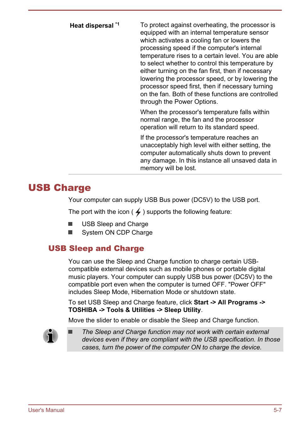 Usb charge, Usb sleep and charge, Usb charge -7 | Toshiba Tecra A50-A User Manual | Page 116 / 167