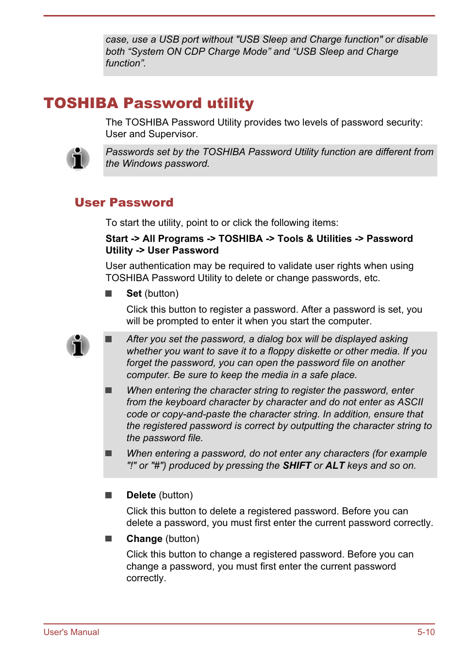 Toshiba password utility, User password, Toshiba password utility -10 | Toshiba Tecra A50-A User Manual | Page 119 / 167