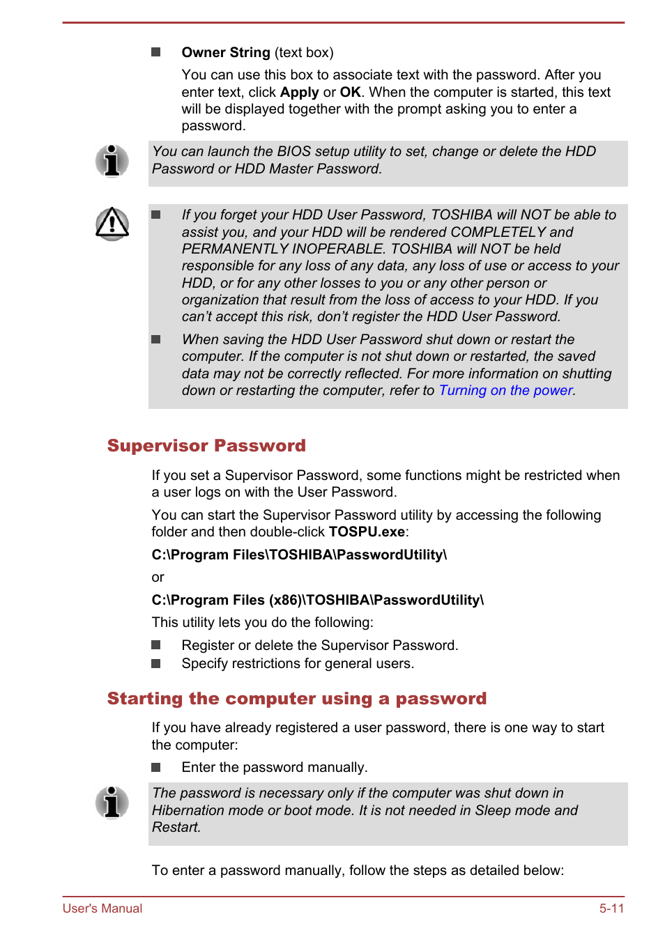 Supervisor password, Starting the computer using a password | Toshiba Tecra A50-A User Manual | Page 120 / 167