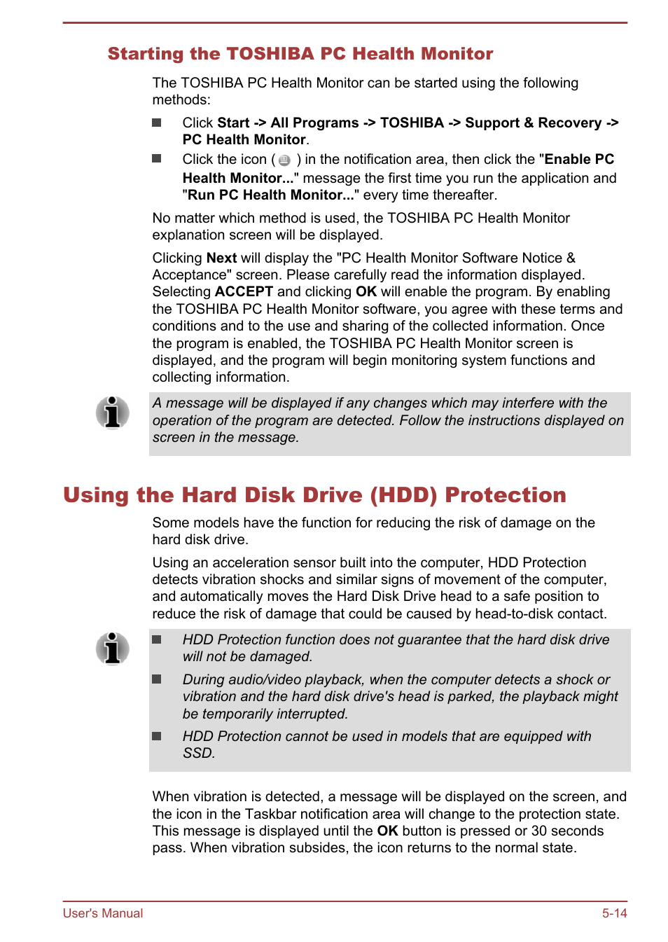 Starting the toshiba pc health monitor, Using the hard disk drive (hdd) protection, Using the hard disk drive (hdd) protection -14 | To-disk contact. refer to the, Using the hard disk, Drive (hdd) protection, Section for more details | Toshiba Tecra A50-A User Manual | Page 123 / 167