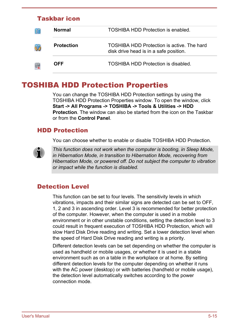 Taskbar icon, Toshiba hdd protection properties, Hdd protection | Detection level, Toshiba hdd protection properties -15 | Toshiba Tecra A50-A User Manual | Page 124 / 167