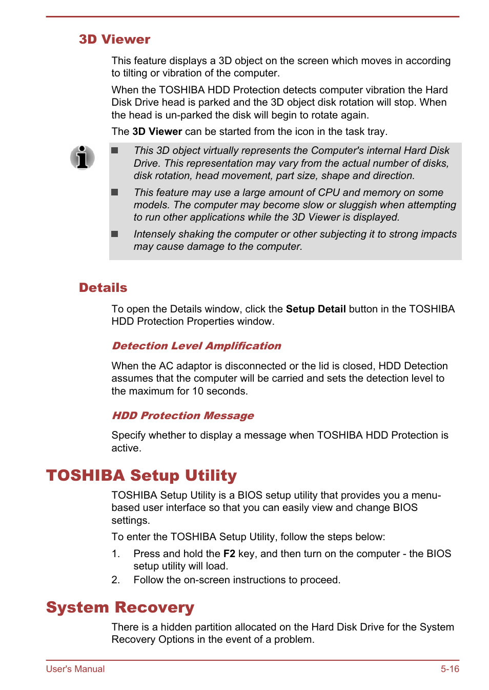 3d viewer, Details, Toshiba setup utility | System recovery, Toshiba setup utility -16 system recovery -16 | Toshiba Tecra A50-A User Manual | Page 125 / 167