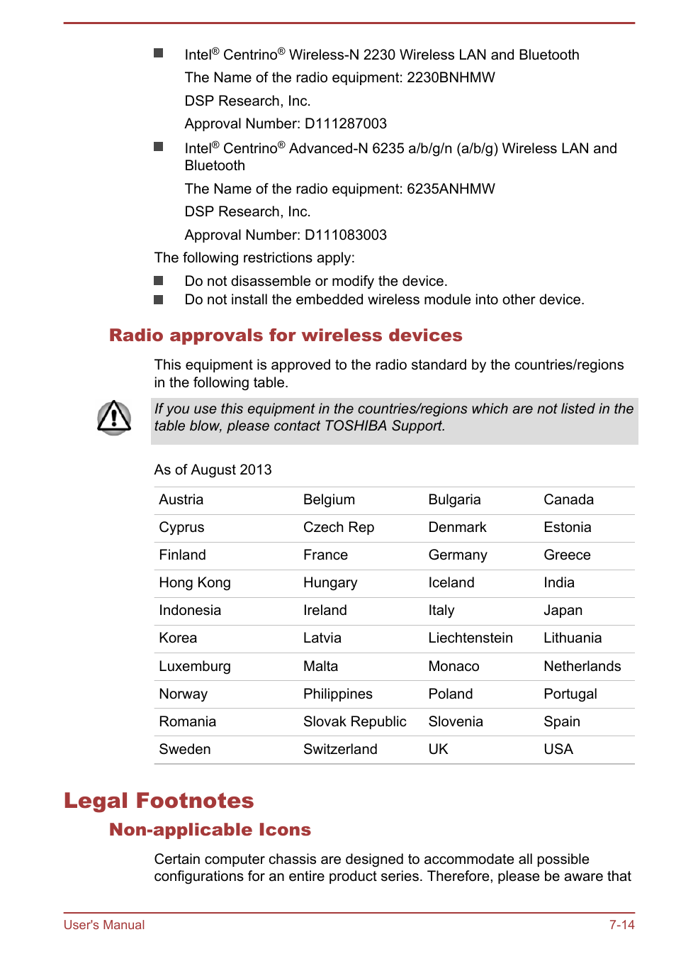 Radio approvals for wireless devices, Legal footnotes, Non-applicable icons | Legal footnotes -14, Section | Toshiba Tecra A50-A User Manual | Page 159 / 167