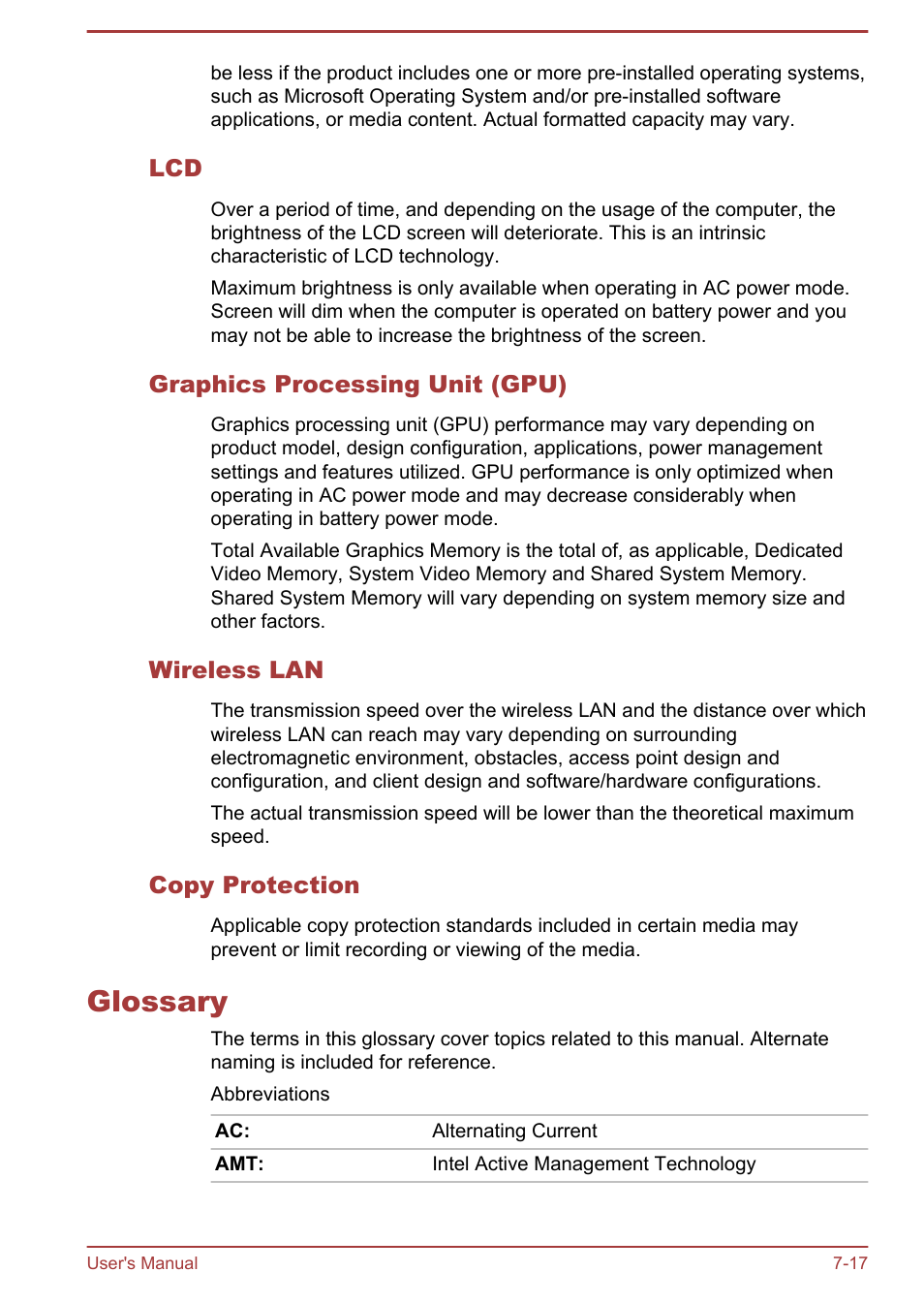 Graphics processing unit (gpu), Wireless lan, Copy protection | Glossary, Glossary -17 | Toshiba Tecra A50-A User Manual | Page 162 / 167