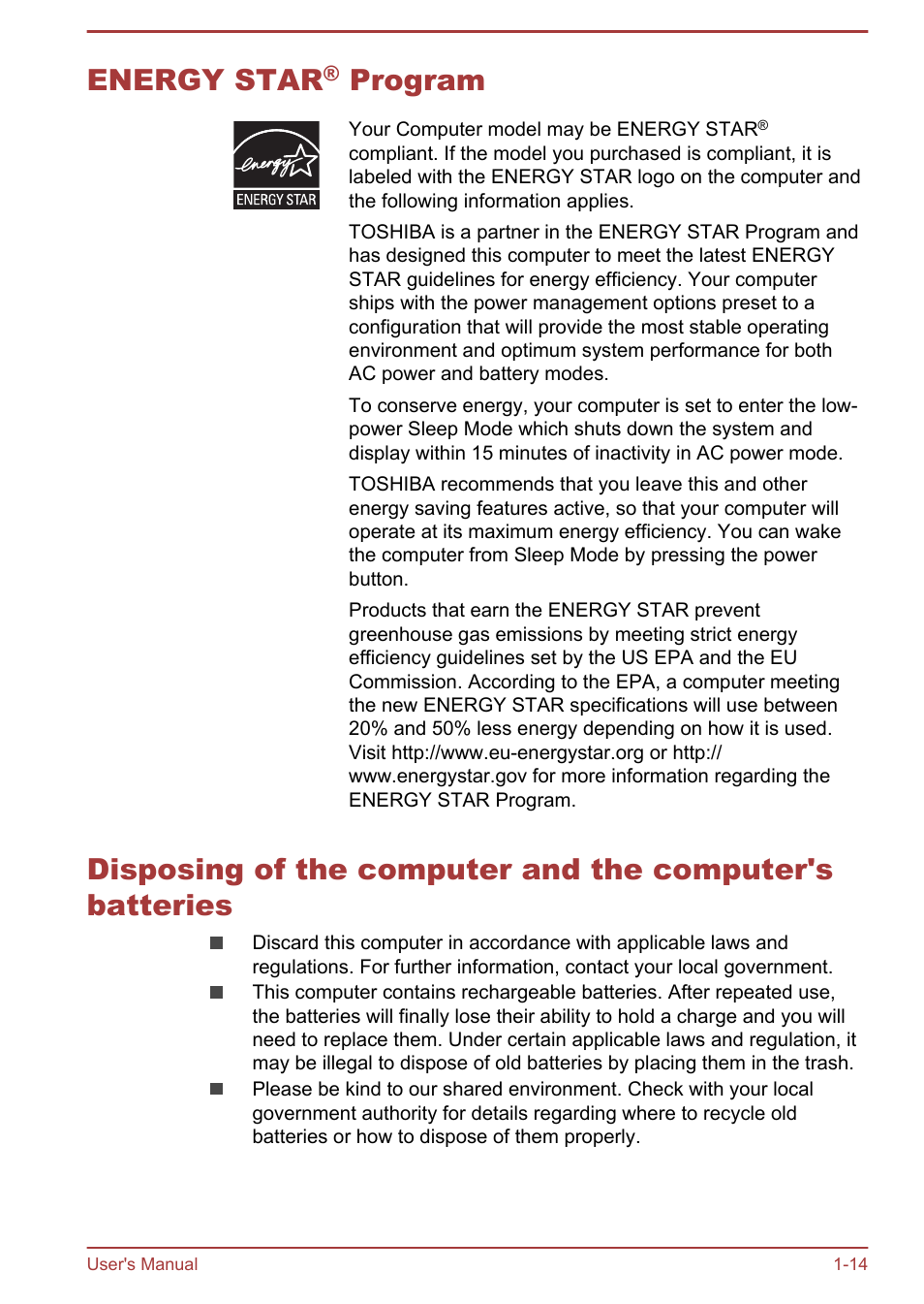Energy star® program, Energy star, Program | Toshiba Tecra A50-A User Manual | Page 17 / 167