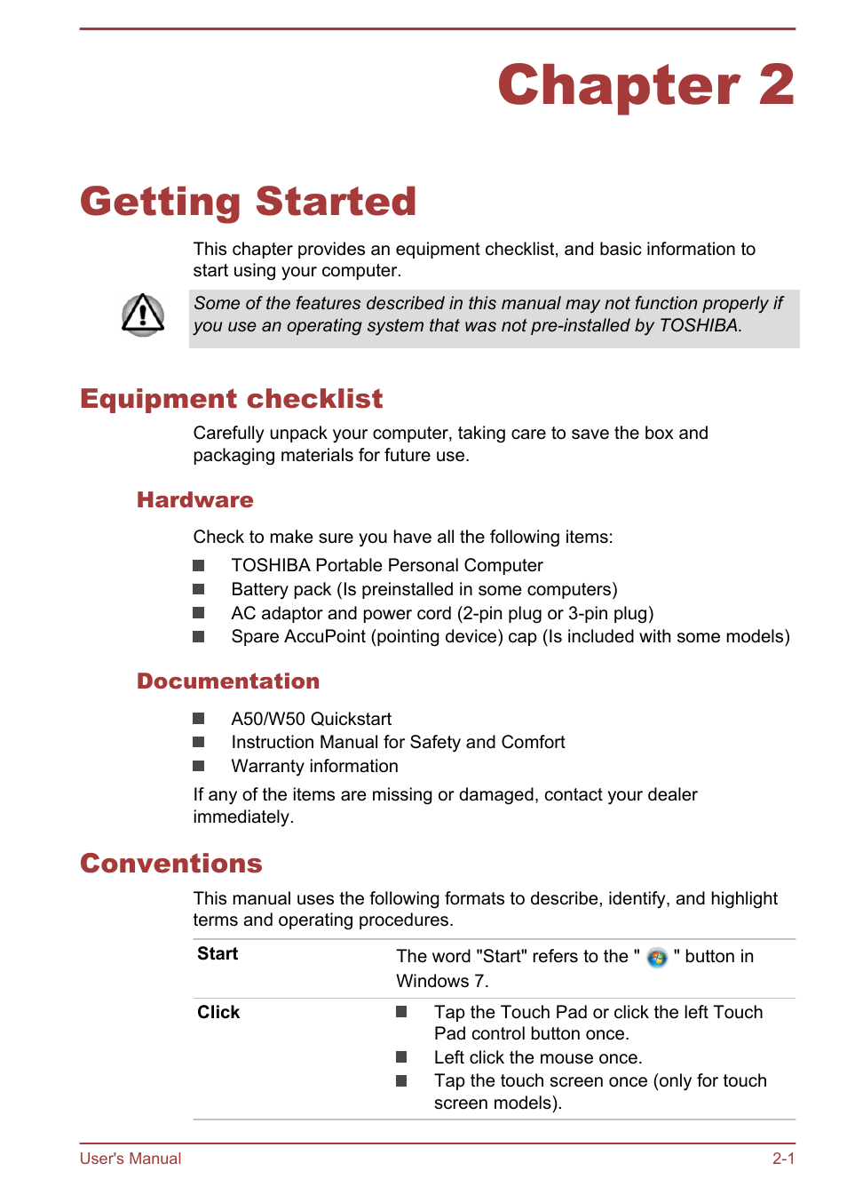 Chapter 2 getting started, Equipment checklist, Hardware | Documentation, Conventions, Chapter 2, Getting started, Equipment checklist -1 conventions -1 | Toshiba Tecra A50-A User Manual | Page 23 / 167