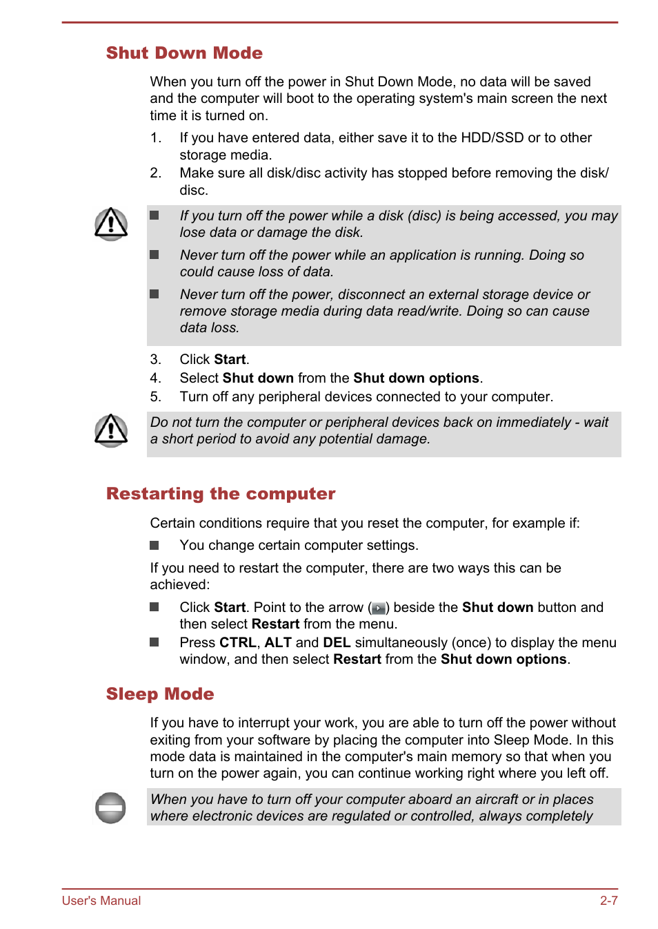 Shut down mode, Restarting the computer, Sleep mode | Toshiba Tecra A50-A User Manual | Page 29 / 167