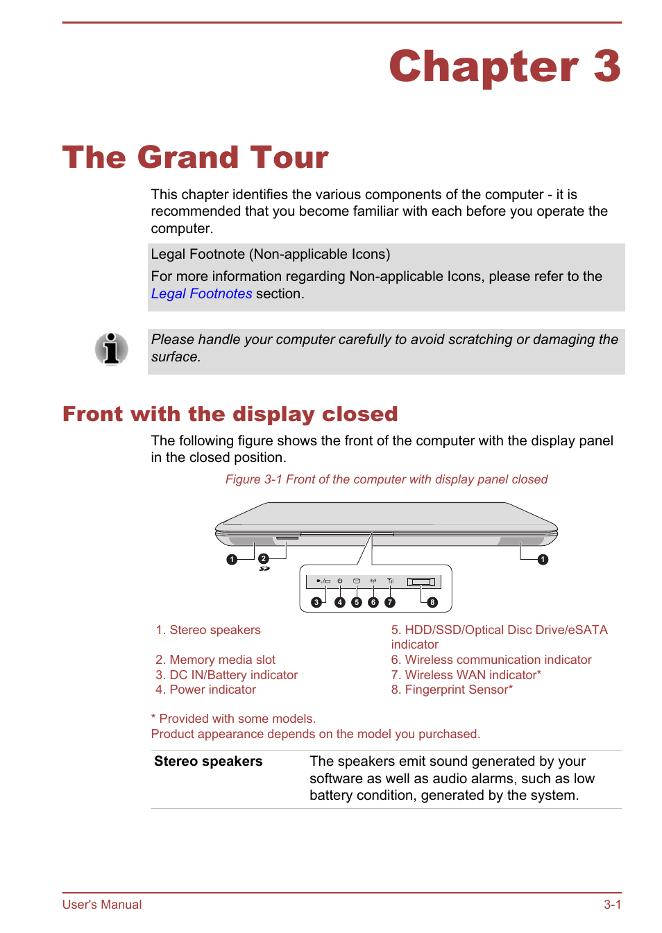 Chapter 3 the grand tour, Front with the display closed, Chapter 3 | The grand tour, Front with the display closed -1 | Toshiba Tecra A50-A User Manual | Page 33 / 167