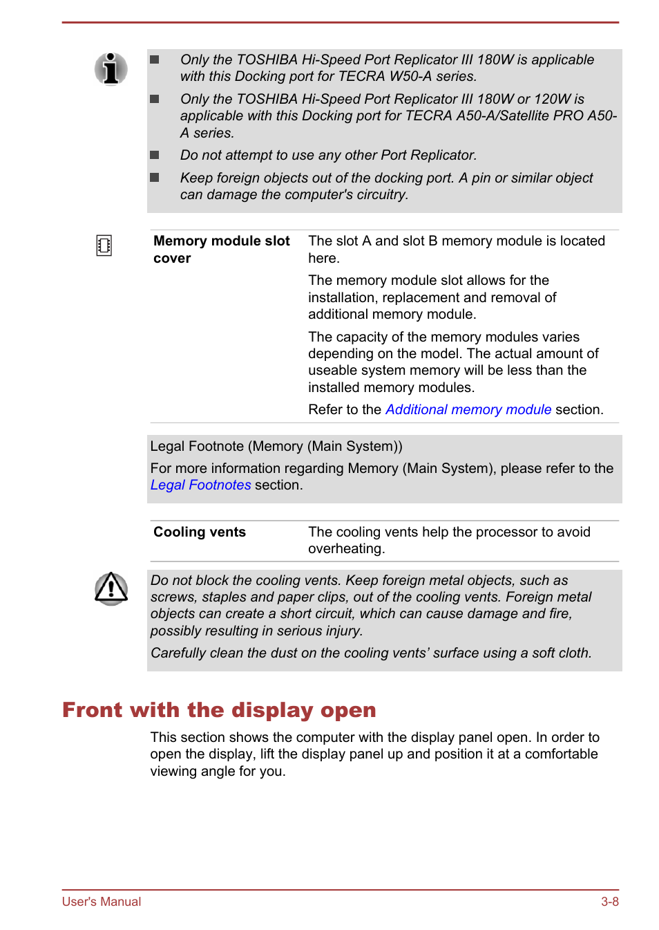Front with the display open, Front with the display open -8 | Toshiba Tecra A50-A User Manual | Page 40 / 167