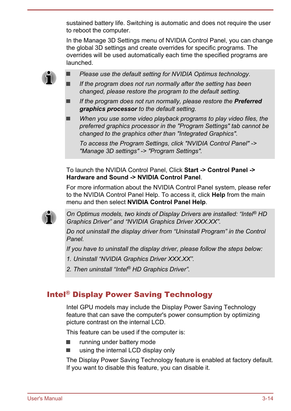 Intel® display power saving technology, Intel, Display power saving technology | Toshiba Tecra A50-A User Manual | Page 46 / 167